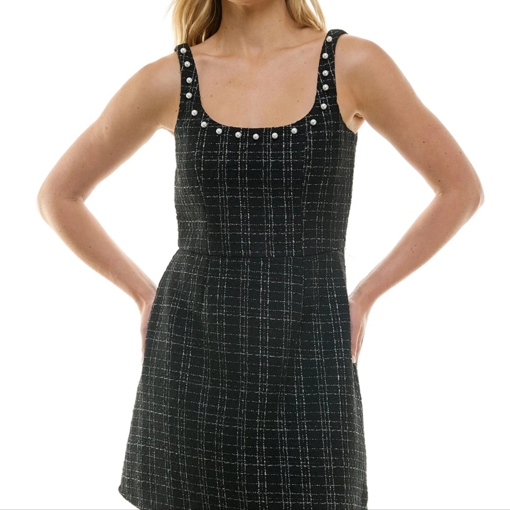 Trixxi Juniors' Tweed Dress Black  Pearl Accent Neck Sleeveless Sz S $18